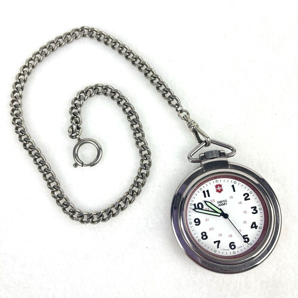 Vintage Swiss Army Quartz Pocket Watch Silver-tone Curb Chain WORKING 1990s